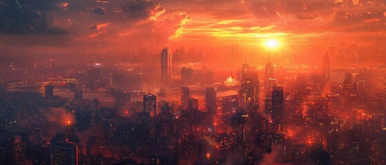 Fototapeta premium Dramatic Sunset Over Cityscape with Fiery Clouds