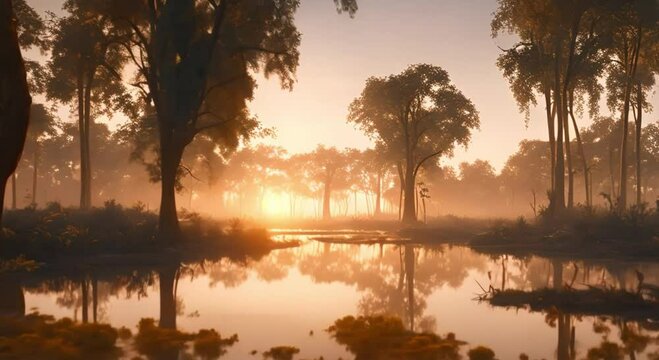 views of the swamp with tall trees with a beautiful sunset