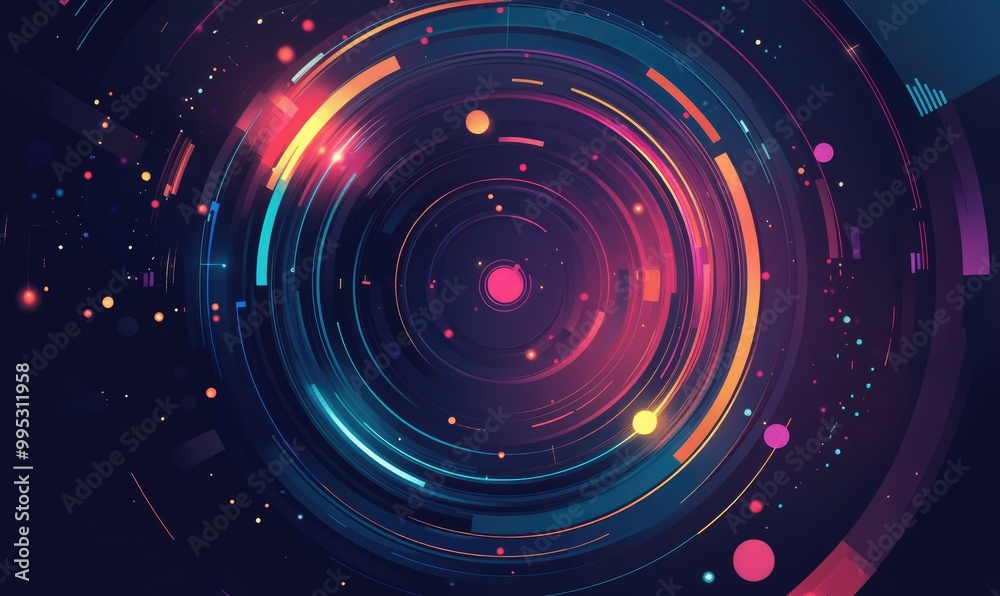 Poster dynamic circular frames with drop circles illustrating ai technology and science in a vibrant 2d car