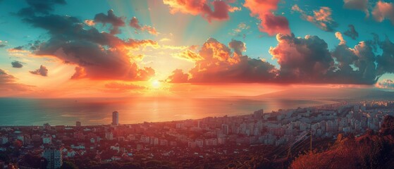 Stunning Sunset Over Cityscape and Ocean Panorama