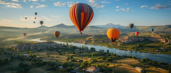 Fototapeta premium Hot Air Balloons Over Scenic Landscape at Sunrise