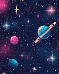 Naklejka premium Dark pink and blue 2D cartoon backdrop featuring galaxy stars Vibrant illustration with luminous astronomical elements suitable for astronomy themed websites