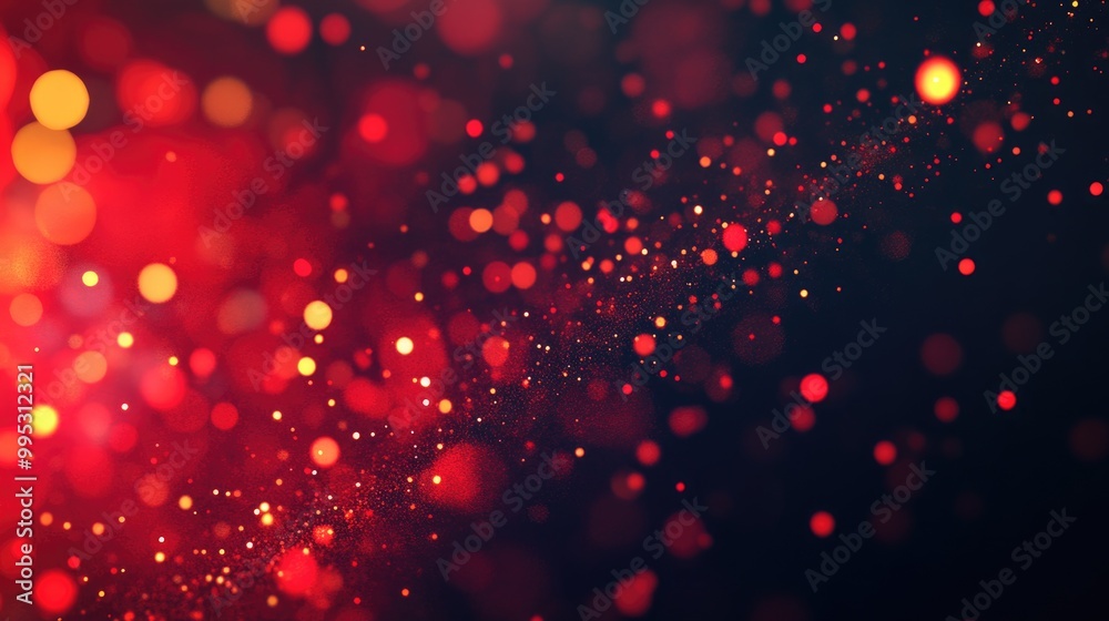 Poster dynamic red flying particles on a dark background creating an abstract and visually striking banner 