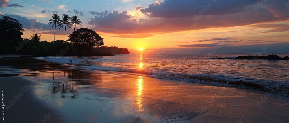 Wall mural Serene Beach Sunset with Reflective Water and Palm Trees