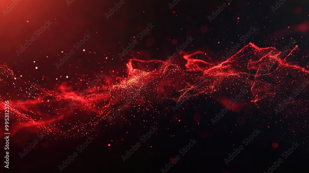 Poster dynamic red flying particles on a dark background creating an abstract and visually striking banner 