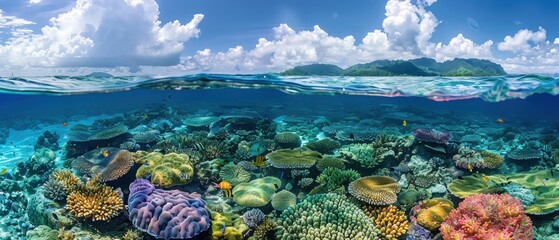 Naklejka premium Vibrant Coral Reef Underwater Landscape with Blue Sky