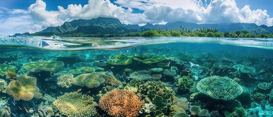 Fototapeta premium Vibrant Coral Reef Under Crystal Clear Water