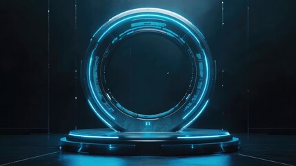 Futuristic circular teleportation podium featuring a portal showcasing teleportation in a HUD projector within a fantasy game environment GUI and UI elements in a virtual reality 3D setting
