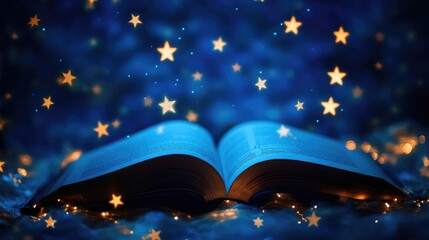 Abstract book featuring stars against a blue background Digital publication online bookstore fantasy theme educational resource literary festival library representation and literature symbol