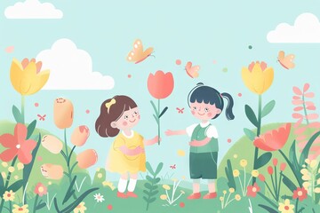 Two girls are holding flowers and butterflies in a garden
