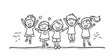 A group of children are jumping in the air and smiling