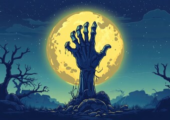 Halloween scene featuring a zombie hand emerging from the earth against a backdrop of a full moon designed in a 2D cartoon style