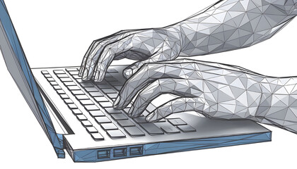 Digital 3d human hands typing on computer or laptop keyboard. Office work, workplace or business concept. Abstract vector wireframe isolated in white. Low poly sketch drawing with dots and lines .