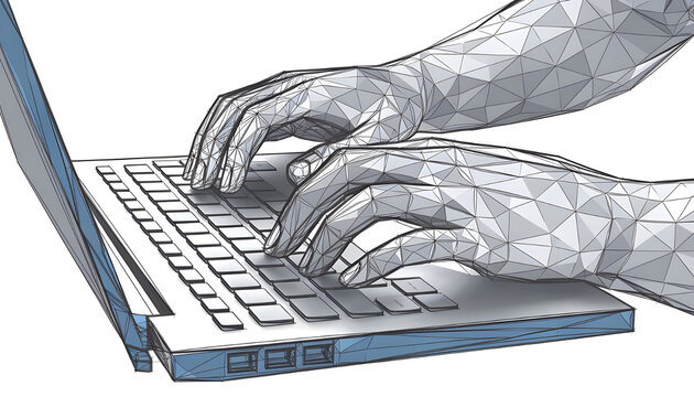 Digital 3d human hands typing on computer or laptop keyboard. Office work, workplace or business concept. Abstract vector wireframe isolated in white. Low poly sketch drawing with dots and lines .