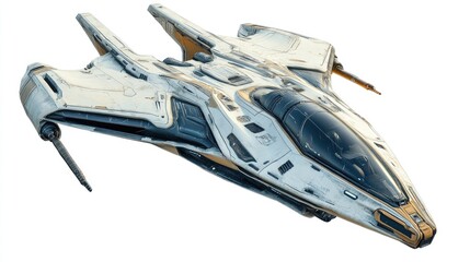 Futuristic starship fighter depicted in 3D featuring an isolated design against a white backdrop