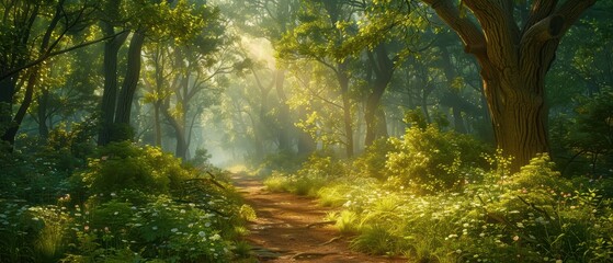 Obraz premium Tranquil Forest Pathway with Sunlight and Foliage