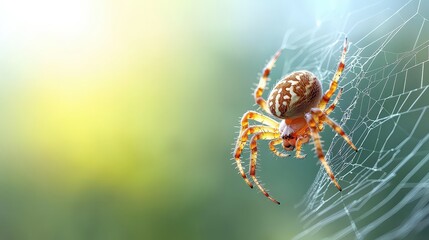 Fototapeta premium A stunning close-up shot of a spider meticulously weaving its web, showcasing intricate details and vibrant colors in a natural setting, perfect for nature lovers.