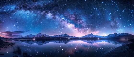 Naklejka premium Stunning Milky Way Over Serene Mountain Lake