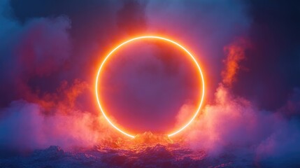 Obraz premium Neon circular frame surrounded by a smoky haze featuring a glowing orange fire ring A vibrant illuminated night setting evokes a futuristic portal in a 2D cartoon style