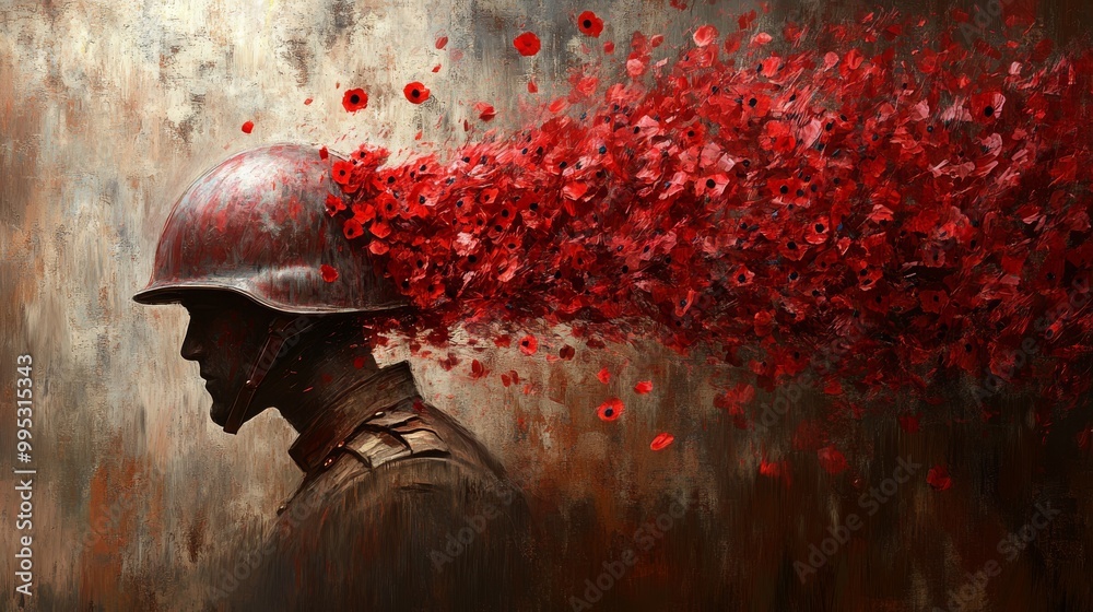 Canvas Prints artistic depiction of a red poppy transforming into a soldier helmet