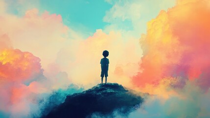 A solitary boy in a dreamlike sky surrounded by imaginative clouds A conceptual artwork reflecting themes of freedom hope growth and happiness in childhood