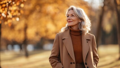 Elegant senior woman strolling in autumn park with golden foliage