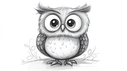 Fototapeta premium Cute and funny cartoon owl character sketch style black and white hand drawn 2D illustration isolated design