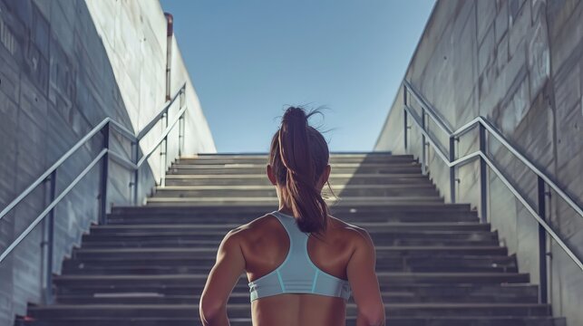 Rear view of young woman athlete running up stadium stairs during endurance training workout
