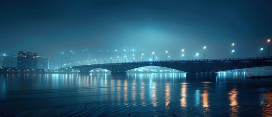 Nighttime Cityscape with Illuminated Bridge and Reflection