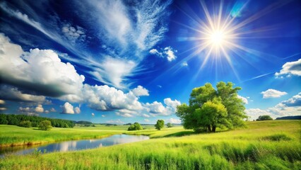 Obraz premium Under a brilliant blue sky, the sun radiates warmth over a peaceful landscape, capturing the essence of a