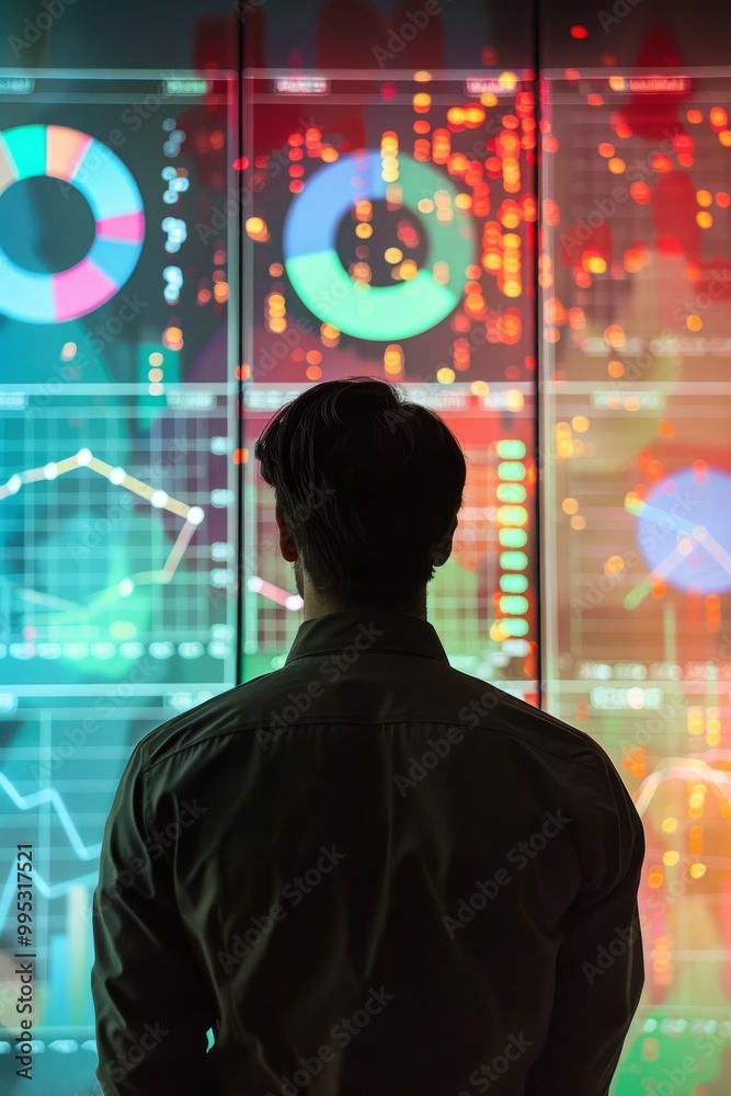 Poster back view of marketer with data charts on screen.