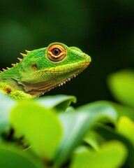 Obraz premium Close up of Green Lizard with Orange Eye on Green Leaves