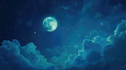 Fototapeta premium Enchanting moon in a deep blue starry sky with drifting clouds at night Scene evokes a festive vibe with a stunning cloudscape