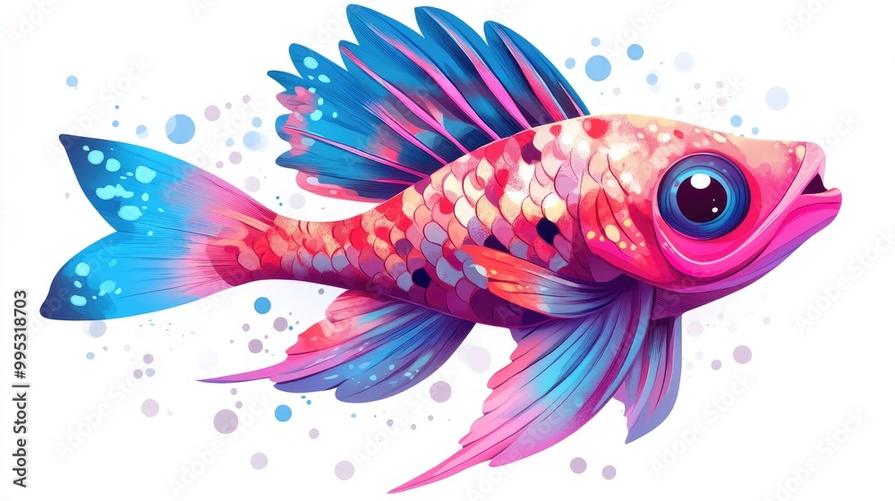 Wall mural Whimsical pink fish with blue fins A fantastical aquatic creature Artistic hand drawn illustration suitable for t shirt prints tattoos or cover designs