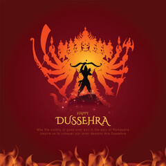 Happy Dussehra Vector Design. Lord Rama killing Ravana in Dussehra,Vijayadashami. Dussehra Poster Design Vector Illustration. Festival of India. © Arya
