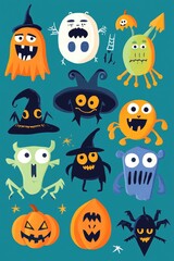 Obraz premium Flat icons of various Halloween monsters in a fun colorful design