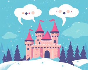 Naklejka premium Whimsical castle illustration with cartoon style speech bubble icon