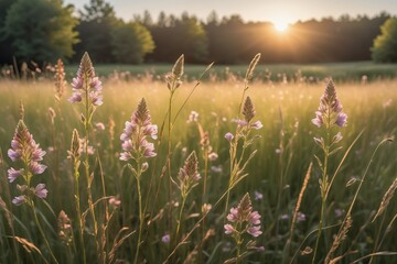 Naklejka premium A serene morning scene featuring a peaceful meadow beside a calm lake, bathed in soft sunlight and surrounded by lush greenery