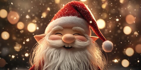 A Cute and Happy Gnome with a White Beard Wearing a Santa Hat, Exuding Cheerful Holiday Spirit and Festive Joy