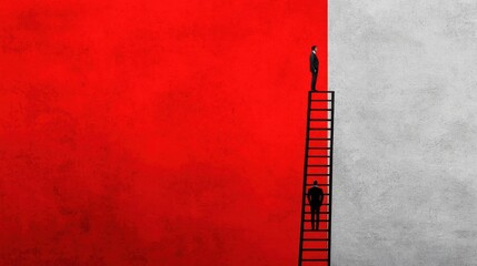 Fototapeta premium Two figures on a ladder against a contrasting red and gray wall.