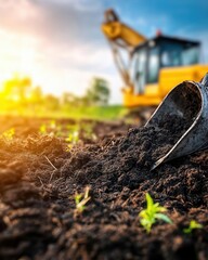Fototapeta premium Excavator Bucket Full of Soil with Blurred Background