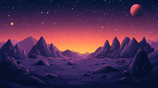 Fantasy Martian landscape featuring a dark surface mountains and a starry sky with celestial bodies in a night space game backdrop 2D cartoon style cosmic illustration