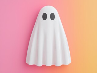 A cute ghost character with black eyes on a gradient pink-orange background.
