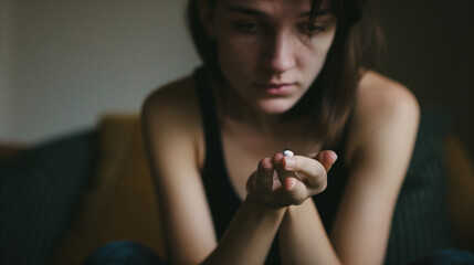 Person sitting alone, holding a small object, intently focused with a tense expression, symbolizing addictive habits and personal struggle, isolated figure in introspective moment