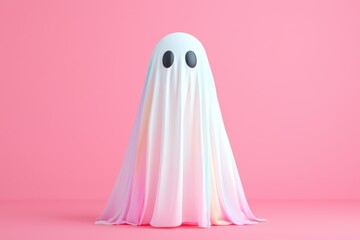 A cute ghost figure with a whimsical expression against a pink background.