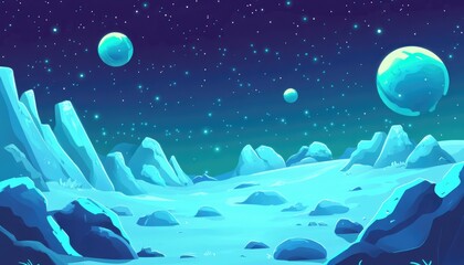 Light blue and green 2D cartoon design featuring cosmic stars Vibrant illustration showcasing bright celestial elements ideal for futuristic advertisements and booklets