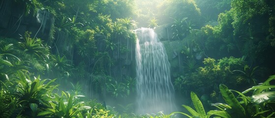 Obraz premium Serene Waterfall in Lush Tropical Jungle Landscape