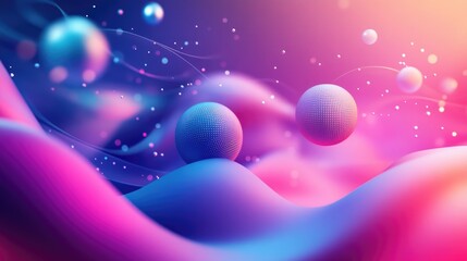 Trendy wavy fluid and spherical gradient shapes in a poster design featuring a 3D motion background with flowing spheres and curves Futuristic gradient elements in a techno style for web use