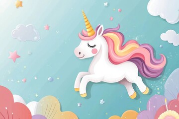 Whimsical unicorn themed birthday invitation in a colorful 2D cartoon style