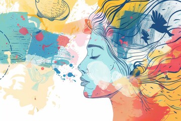 Fototapeta premium Colorful Abstract Art of a Woman's Profile with Birds and Fish